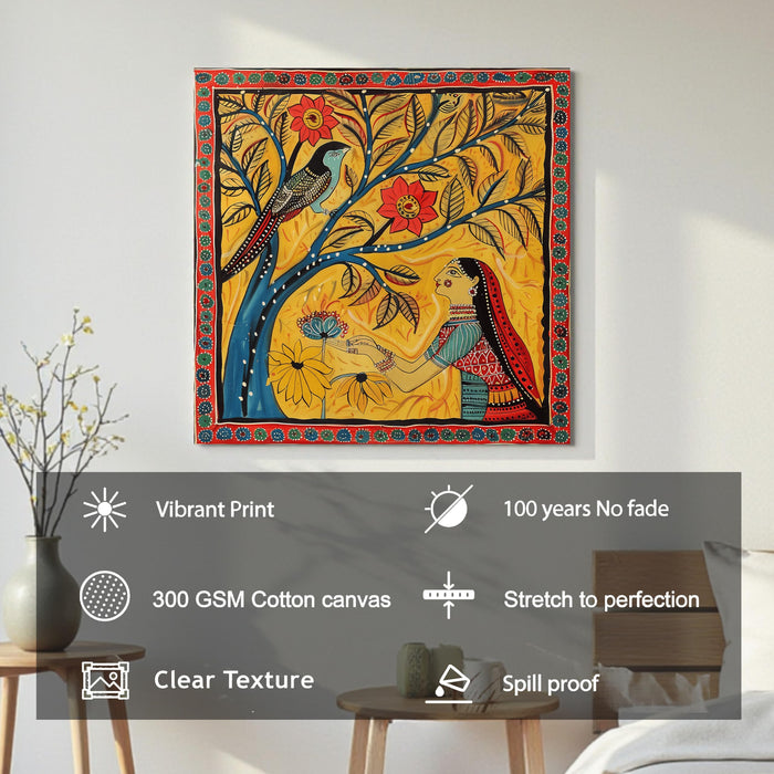 Madhubani Birds and Women Painting for Wall Decoration | Flower Canvas Wall Painting for Living Room, Bedroom, Home and Office Wall Decor (41x41 Cm)