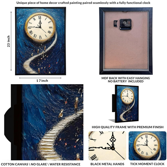 Portrait Abstract moon ladder Dreamlike Multicolor Framed Canvas wall art With Clock | Painting with clock, 43x58 cm
