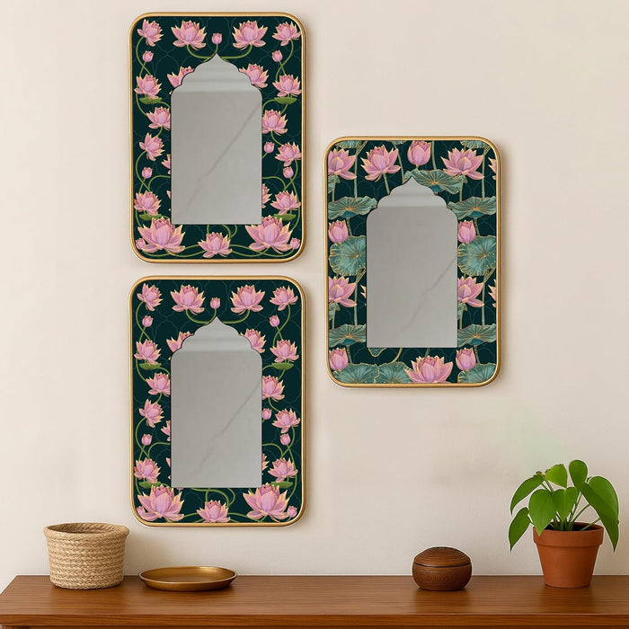 Decorative Jharokha Acrylic Mirror Set of 3 Lotus Flowers Printed Gold Metal Finish Décor Mirror (8.2x12.2 Inches)