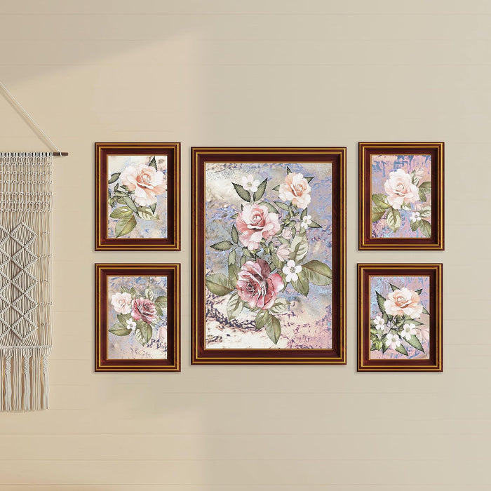 Art Street Pink Rose Floral White & Red Framed Art Print For Living Room, Decorative Home & Wall Decor - Set Of 5 (Brown, 4 Pcs-5x7 Inch, & 12x16 Inch)