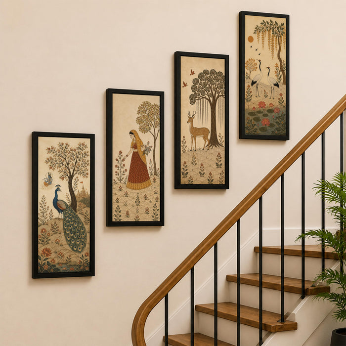 Traditional Indian Heritage Framed Wall Art Painting For Living Room | Peacock, Deer, Woman Artwork Poster with Frame for Wall, Decoration item for Bedroom, Set of 4, Size 9.5x19.5 Inch