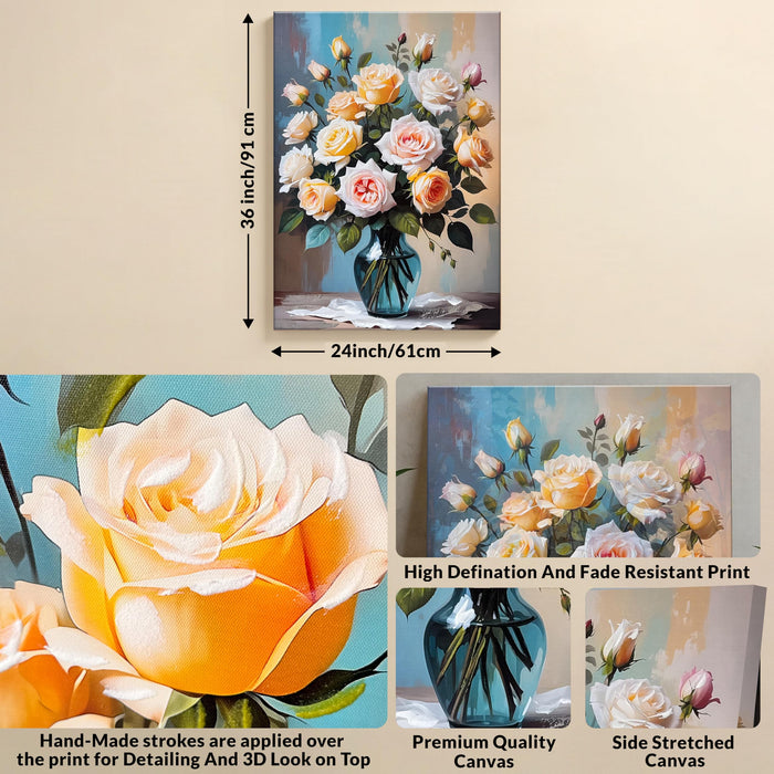 Wall Art Abstract Flower Stretched Canvas Painting Roses in Vase 3D Textured Abstract Paintings for Bedroom Office Wall Décor Hand Painted Canvas Art Floral Decor Painting 61x91 cm