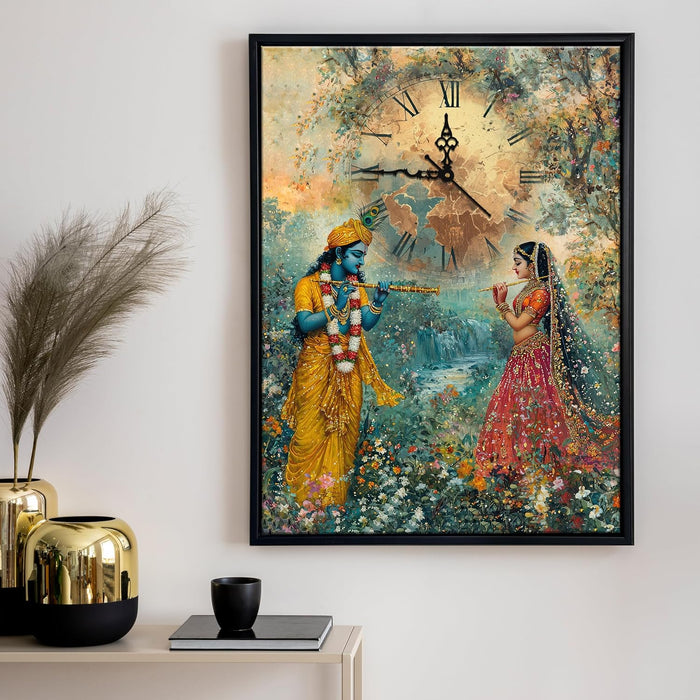 Hindu Religious Portrait Abstract Divine Multicolor Framed Canvas wall art With Clock | Painting with clock. 43x58 cm