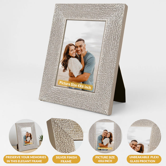 Art Street Table and Wall Photo Frame Textured Picture Frames Picture Frame, Silver Metal Look for 4x6 Photos Tabletop Photos for Home Décor, Wood Photo Frames for Wall and Table Decoration 10x15 cm