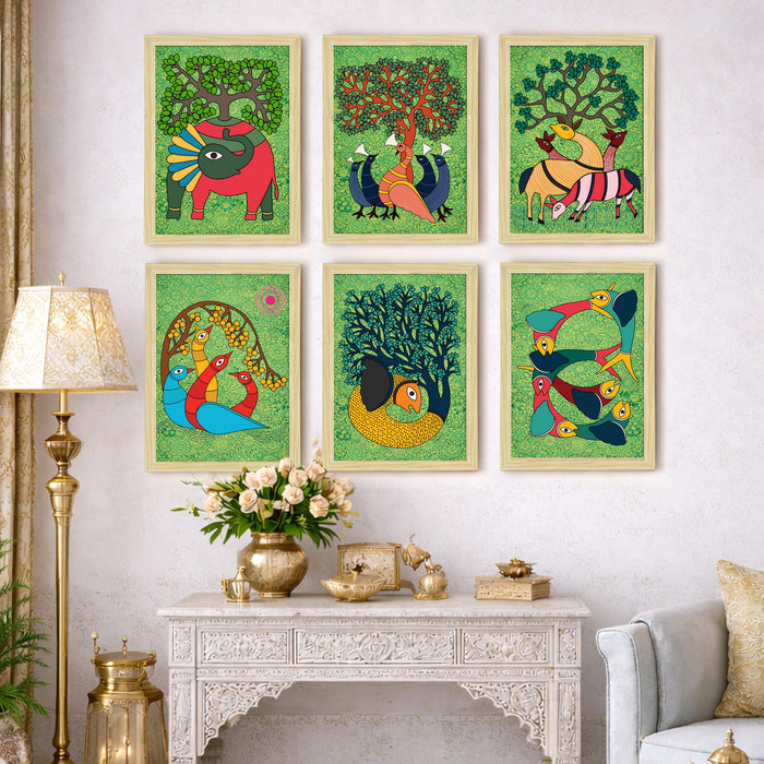 Gond tribal Art Painting With Frame for living room, Traditional Indian Folk Framed Wall Art Painting for Home Decor Set of 6, Size 9.5 by 12.5 Inch