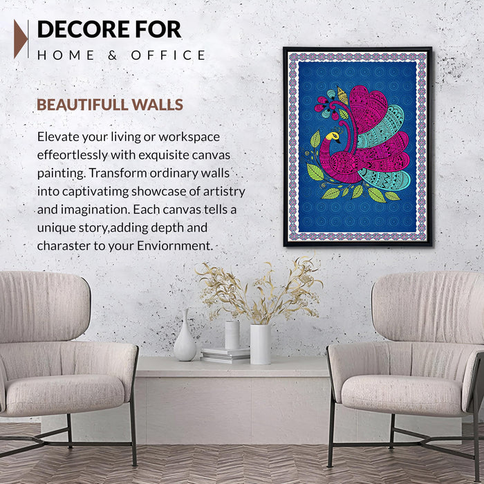 Gond Peacock Framed Canvas Painting for Living Room Wall Decor, Vastu Kalamkari Peacock Floral Framed Canvas Wall Art for Vastu Place Bedroom Home Hallways Office Hotel, Size 43x58 cm