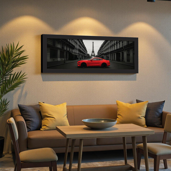 Paris City Racing Car with Eiffel Tower View Wall Art Framed Luxury Paintings for Home Decoration, Living room, Bedroom and Office Decoration (99x38 CM)