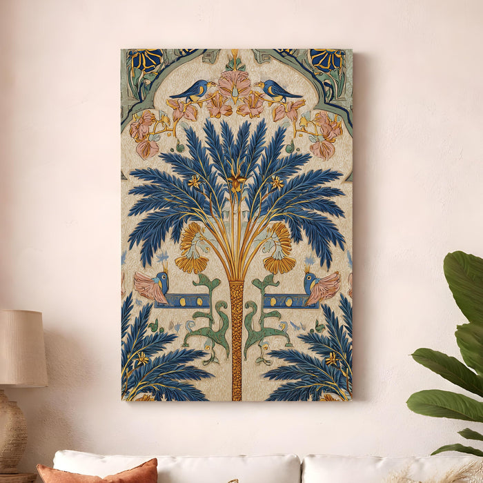 Mughal Botanical Stretched Canvas Painting For Living Room | Royal Palm Garden Stretched Canvas Wall Art For Livingroom Home Decor, Bedroom, Hallway's, Office, Hotel - 56x86 cm