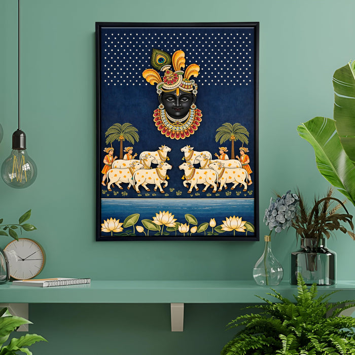 Krishna Pichwai Framed Canvas Painting for Living Room Wall Decor, Religious Krishna Cow and Lotus Framed Canvas Wall Art for Home Temple Vastu Place Size 43x58 cm