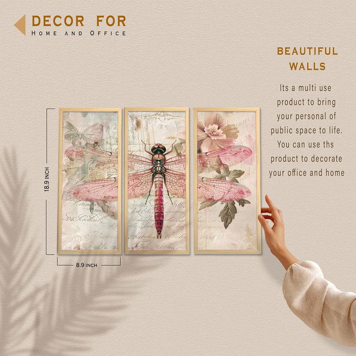 Dragonfly Floral Dictionary Wall Art Painting for Home, Engineered Wood Frame Stylish Large Wall Art Print (Set of 3, 8x18 Inch)