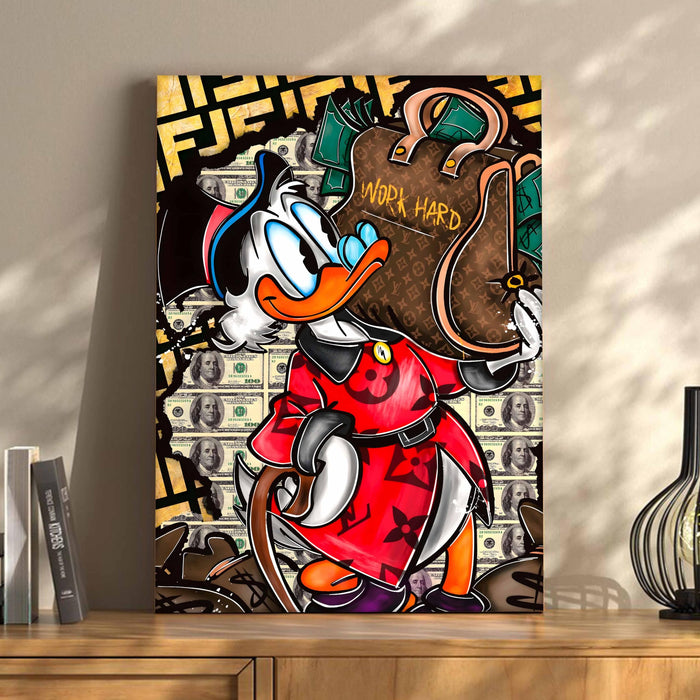 Luxury Cartoon Duck Money Pop Art Stretched Canvas Painting Print | Work Hard Success Theme Graffiti Wall Art | Modern Street Style Artwork for Home & Office, 41x56 cm