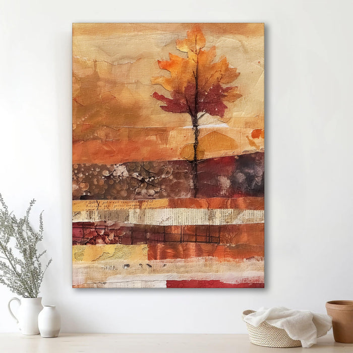 Abstract Artwork of a Leaf as Tree in Orange, Brown, and Beige | Digital Painting On Canvas Stretched on Wood (16x22 Inch)