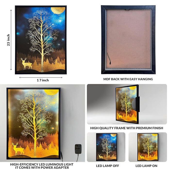Framed Canvas Art Print with LED Light Decorative Canvas Wall Painting, Deer and Tree in Front of the Moon Wall Decor 43x58 cm