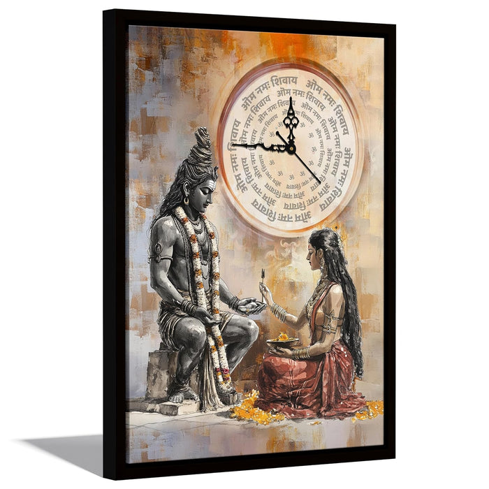 Hindu Religious Portrait Abstract Divine Multicolor Framed Canvas wall art With Clock | Painting with clock. 43x58 cm