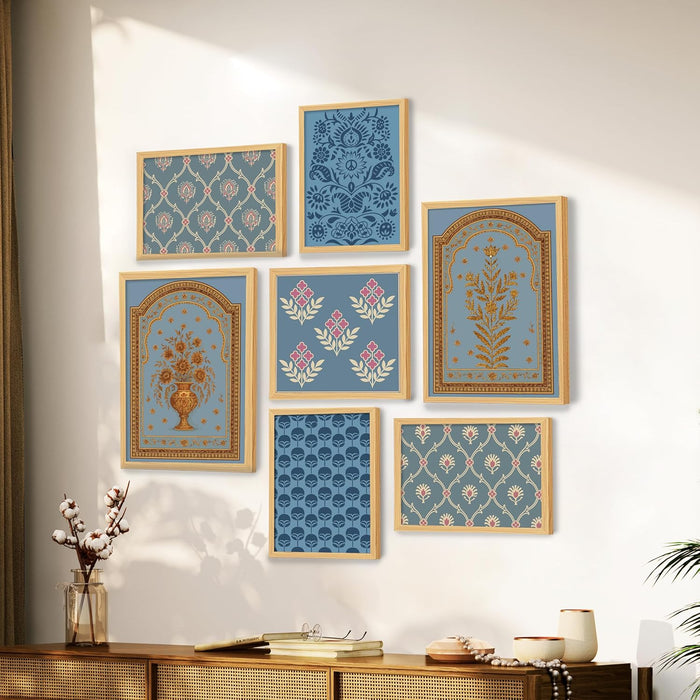 Floral traditional Indian Art Wall Art Print Paintings, set of 7 | Digital Framed Painting 30x42, 21x30, 30x30 cm