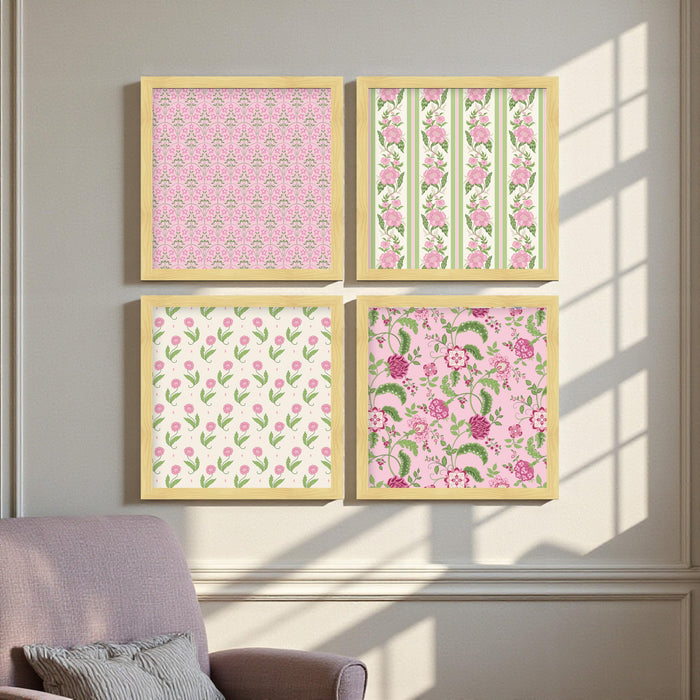 Pink Floral Wall Art Prints—Traditional Indian Folk Art Botanical Framed Wall Decor for Living Room, Bedroom & Home, (Set of 4) (13.2 inch x 13.2 inch
