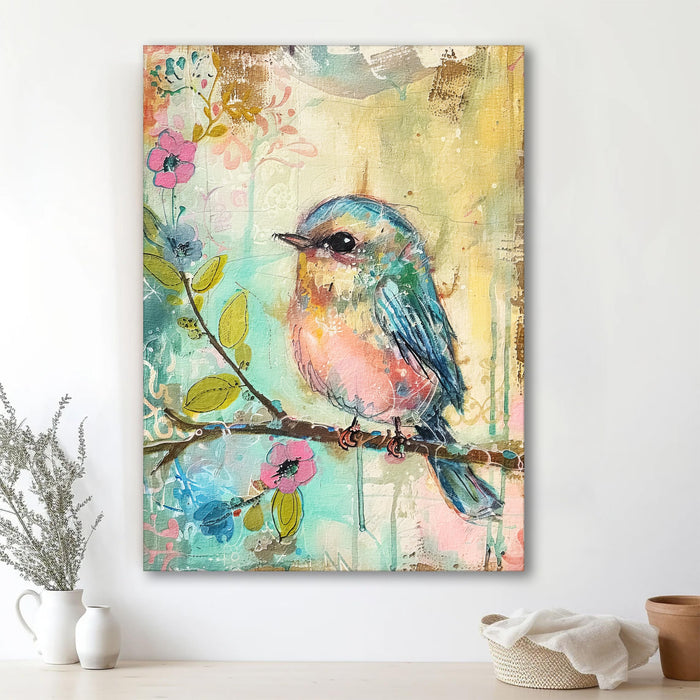 Soft Pastel Art of Bird and Flower in Blue, Pink, and Yellow | Digital Painting On Canvas Stretched on Wood (16x22 Inch)
