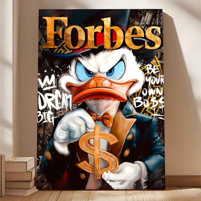 Luxury Cartoon Duck Pop Art Stretched Canvas Painting Print| Money Motivation Street Art Wall Décor | Modern Success-Themed Artwork for Home & Office, 56x86 cm
