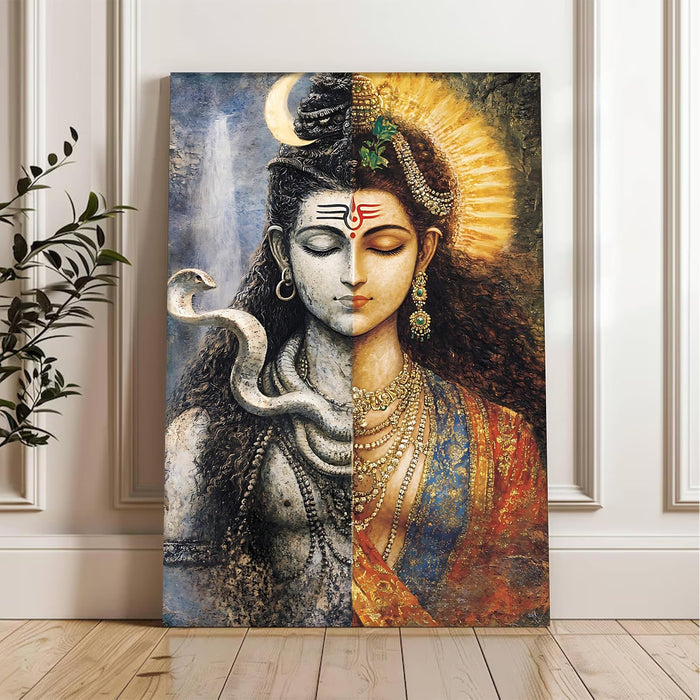 Abstact Art Shiv Parvati as Divine Ardhnarishwar Wall Decor Print | Canvas Painting Stretched on Wood | Suits For Mandeer (16x22 Inch)