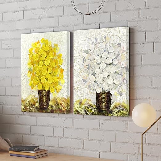 Art Street Stretched Canvas Painting Red & Yellow Floral Print For Living Room Decoration (Set of 2, Size: 16x22 Inch)