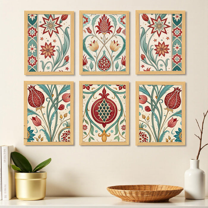 Framed Art Print Set of 6 Floral Turkish and Islamic Wall Art Prints Indian and Madhubani Inspired Prints 23x32 cm