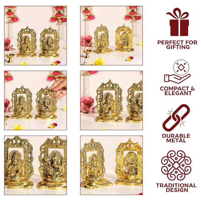 Antique Metal Lakshmi and Ganesha Brass Finished Idol Set for Pooja Room, Deepawali Decoration for Home, Lakshmi Ganesh Idol for Diwali, Brass Finished Idols for Home Décor 8.9x13.7 cm
