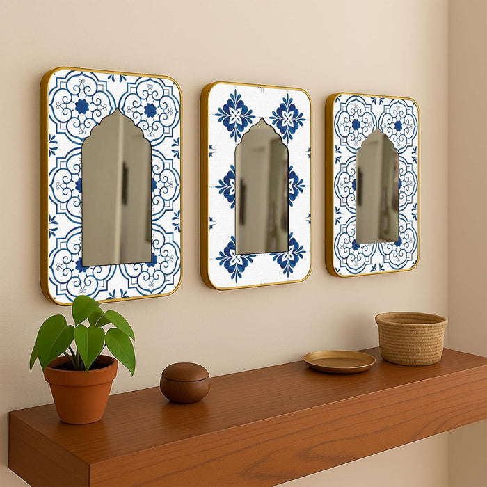 Decorative Jharokha Acrylic Mirror Set of 3 Blue Abstract Floral Pattern Printed Gold Metal Finish Décor Mirror (8.2x12.2 Inches)