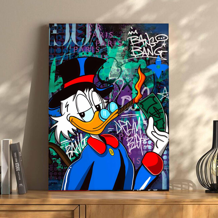 PAINTINGMANTRA Money & Success Pop Art Canvas Print, Street Style Millionaire Duck Cash, Modern Urban Decor for Office & Man Cave, Canvas print Ready to Hang - 41x56 cm