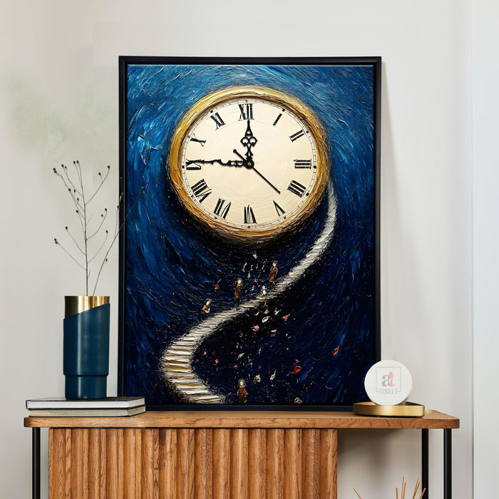 Portrait Abstract moon ladder Dreamlike Multicolor Framed Canvas wall art With Clock | Painting with clock, 43x58 cm