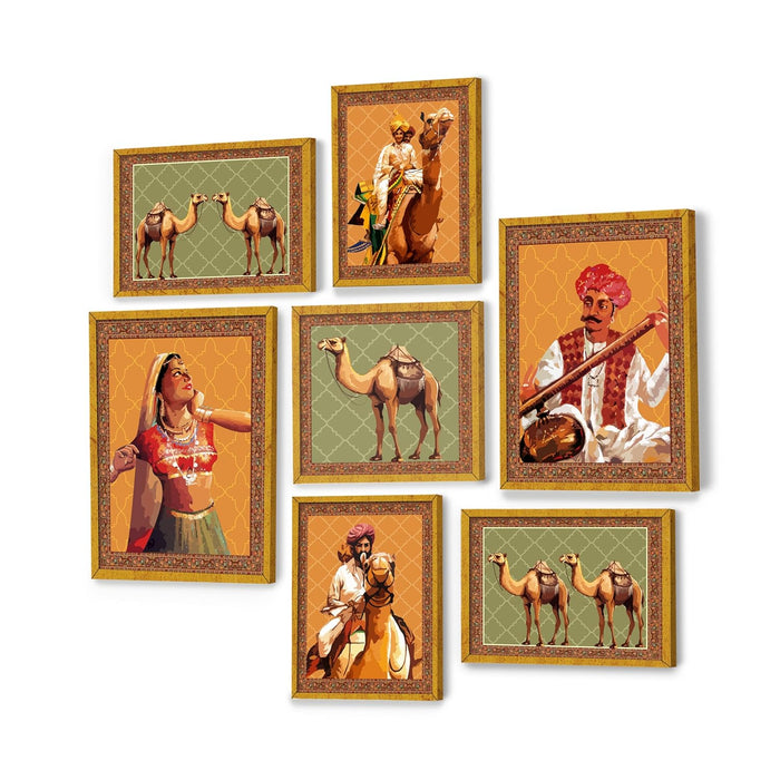 Art Street Set of 7 Indian Wall Art Print Rajasthani Man and Woman with Camel Framed Vintage Poster For Home (Size: 9.3x12.7, 13x13 & 12.7x17.5 Inch)