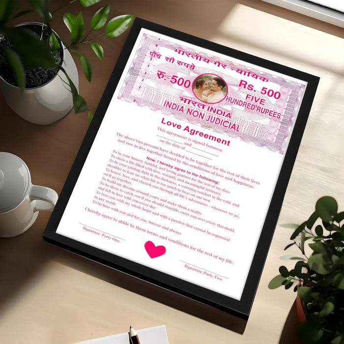 Customized Love Contract Photo Frame Non-Judicial Stamp Paper Love Agreement Certificate Romantic Couple Gift Valentine’s Day Anniversary Gift for Husband Girlfriend Boyfriend 22x32 cm