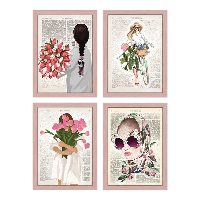 Art Street Dictionary Art Prints Textured Girl with Flower Print Theme, Framed Posters for Home Décor & Wall Decoration for Living Room (Set of 4,12.6 X 9.2 Inch)