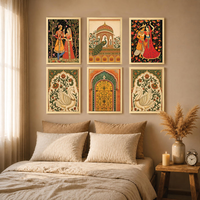 Mughal Royal Palace Wall Art Painting, Traditional Emperor, Swan & Arch Theme Wooden Framed Wall Art Print for Living Room, Bedroom & Home Decor (Set of 6, 13x9 inch)