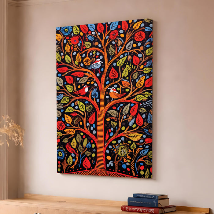 Madhubani Tree of Life Stretched Canvas Painting For Living Room | Indian Folk Tropical Stretched Canvas Wall Art For Livingroom Home Decor, Bedroom, Hallway's, Office, Hotel - 56x86 cm