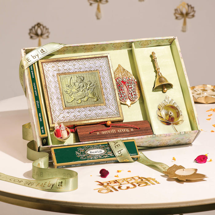Art Street Pooja Gift Box with Nav Durga Frame, Laxmi Charan, Aarti Sangrah, Ghanti, Agarbatti and Candle for Celebration and Gift for Family, Friends and Relatives (Pack of 7)