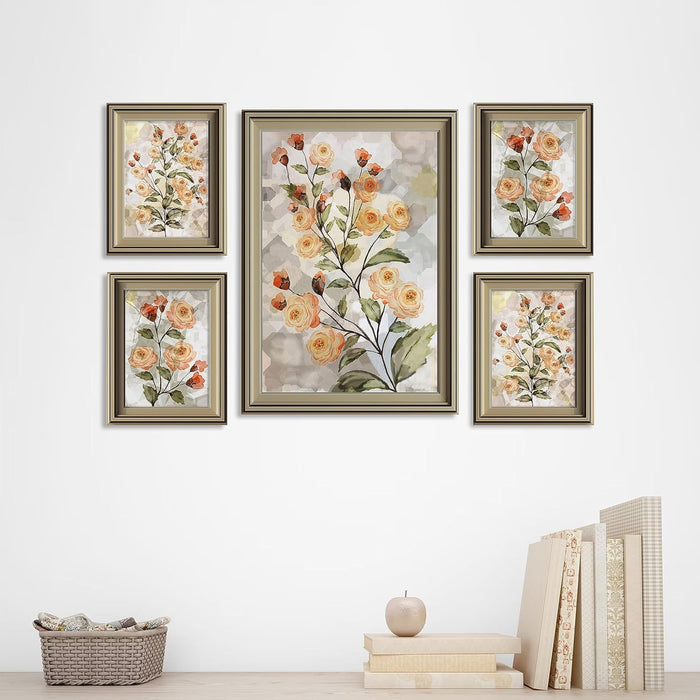 Art Street Pink Orange Rose Floral Framed Art Print For Living Room, Decorative Home & Wall Decor - Set Of 5 (Silver, 4 Pcs-5x7 Inch, & 12x16 Inch)