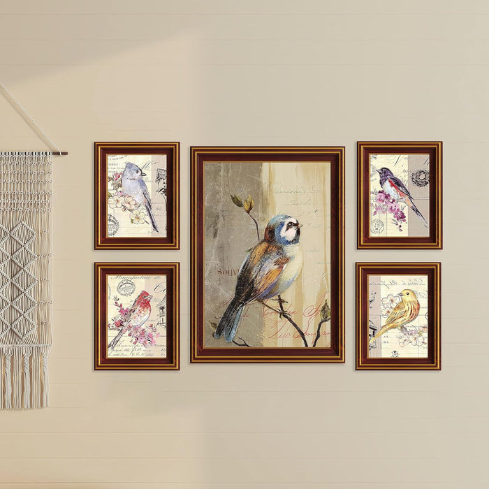 Art Street Jarden Bird On Tree Branch Framed Art Print For Living Room, Decorative Home & Wall Decor - Set Of 5 (Brown, 4 Pcs-5x7 Inch, & 12x16 Inch)