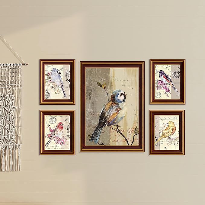 Art Street Bird On Branch Framed Art Print For Living Room, Decorative Home & Wall Decor - Set Of 5 (Brown, 4 Pcs-5x7 Inch, & 12x16 Inch)