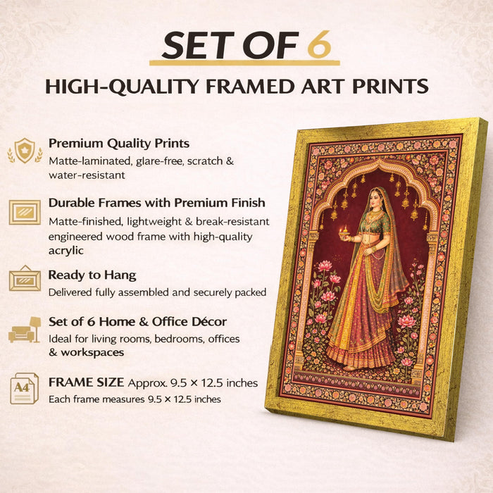 Madhubani Pichwai Painting With Frame for living room, Flower Framed Wall Art Painting for Home Decor Set of 6, Size 9.5 by 12.5 Inch