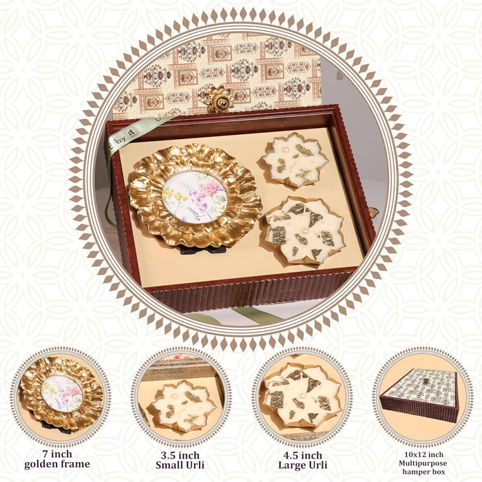 Diwali Gift Hamper Box with Round Shape Vintage Photo Frame with Urli Diya, Friends and Relatives (Pack of 2)