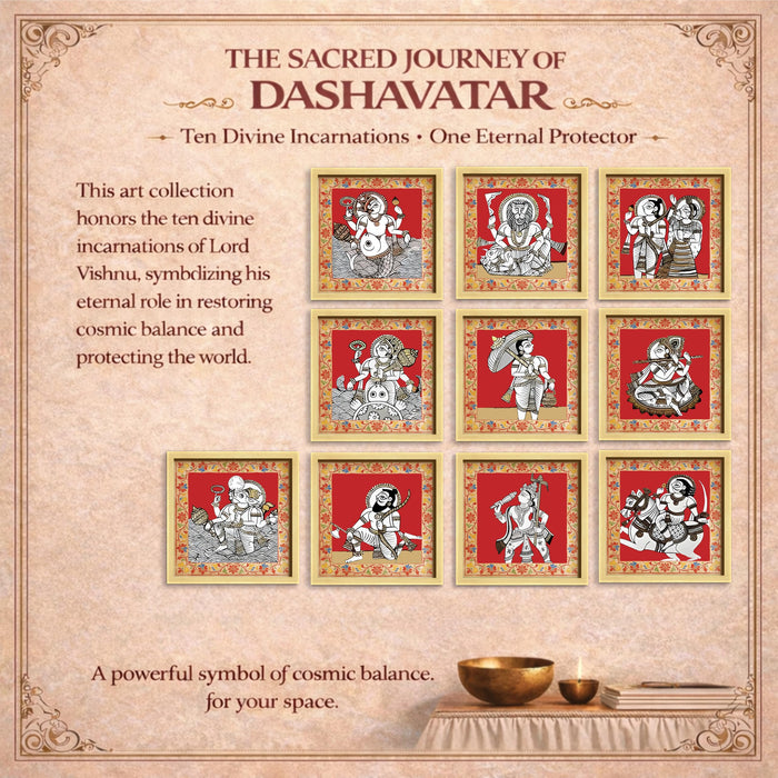 Dashavatar Wall Art Paintings With Frame For Living Room | 10 Avatars of Lord Vishnu Framed Paintings | Sacred Hindu Spiritual Wall Decor Poster for Home, Pooja Room, Gifting, Set of 10, Size 24x24 cm