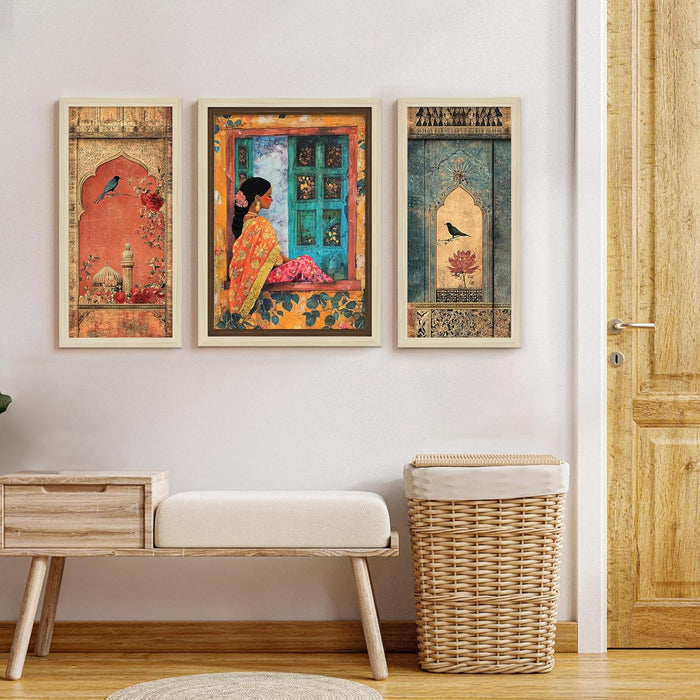 Botanicals Pichwai Framed Wall Art Painting Home Décor Pack Of 3 | Digital Scenery Painting with Frame, Set Of 3 22x46 cm, 33x44 cm