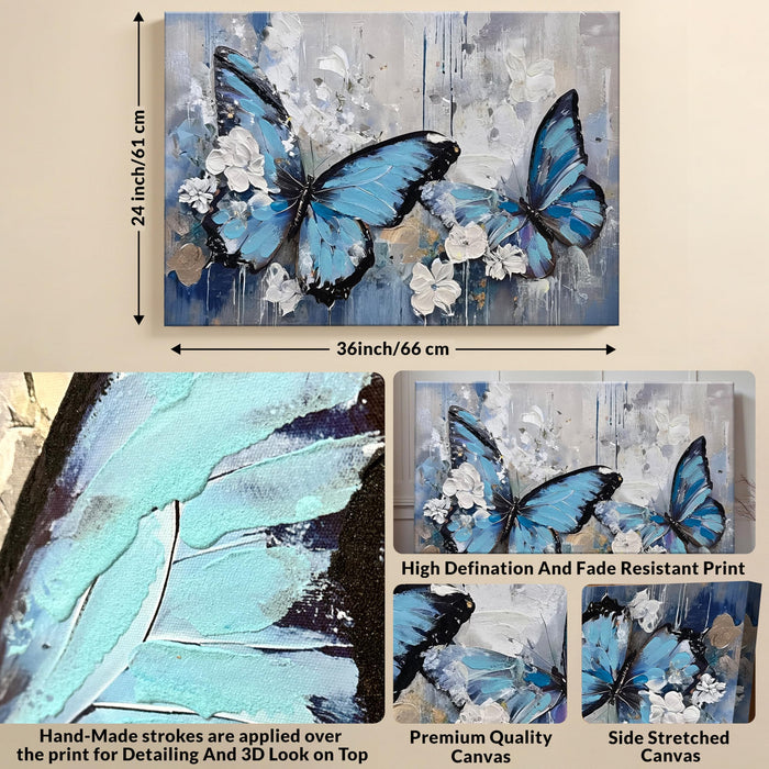 Abstract Butterfly Wall Art Blue Butterfly Stretched Canvas Painting for Living Room Abstract 3D Textured Paintings for Bedroom Office Wall Décor Hand Painted Canvas Art 61x91 cm