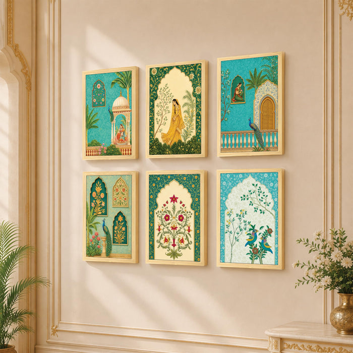 Mughal Jharokha Royal Queen Wall Art Painting, Traditional Turquoise Arch, Peacock & Floral Theme Wooden Framed Wall Art Print for Living Room & Home Decor (Set of 6, 13x9 inch)