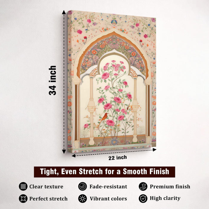 Mughal Rose Garden Stretched Canvas Painting For Living Room | Madhubani Royal Jharokha Stretched Canvas Wall Art For Livingroom Home Decor, Bedroom, Hallway's, Office, Hotel - 56x86 cm