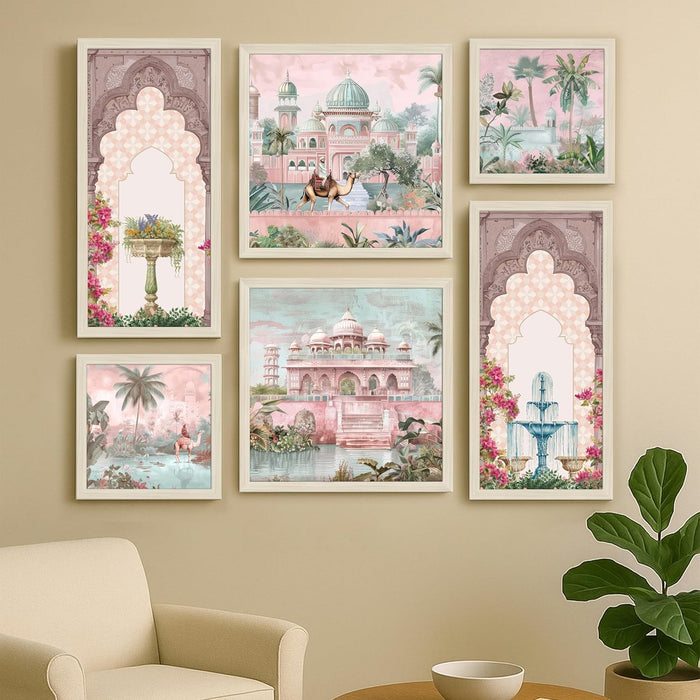 Framed Wall Art Print Pack of 6 Framed Wall Decoration Art Prints Traditional Indian Mughal 24x48, 34x34 and 24x24 cm