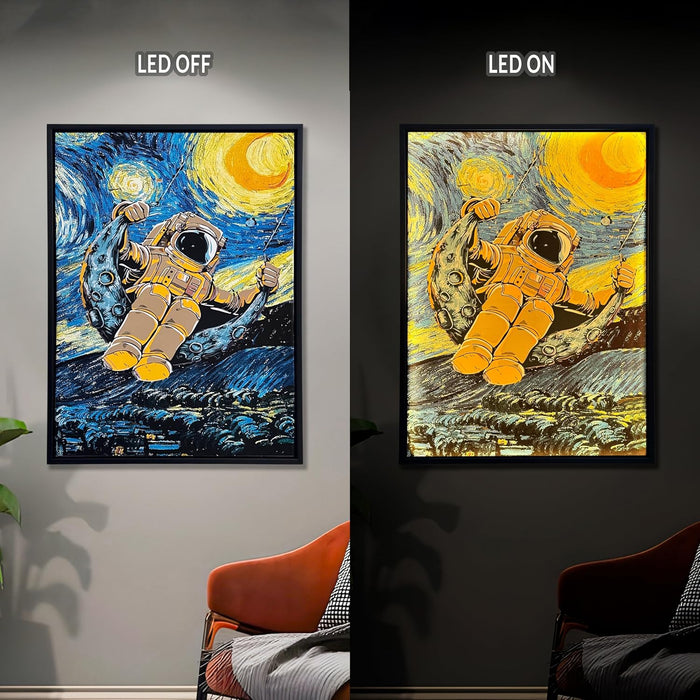 Framed Canvas Art Print with LED Light Canvas Wall Painting, Astronaut Post Impressionism Art Decorative Wall Decor 43x58 cm