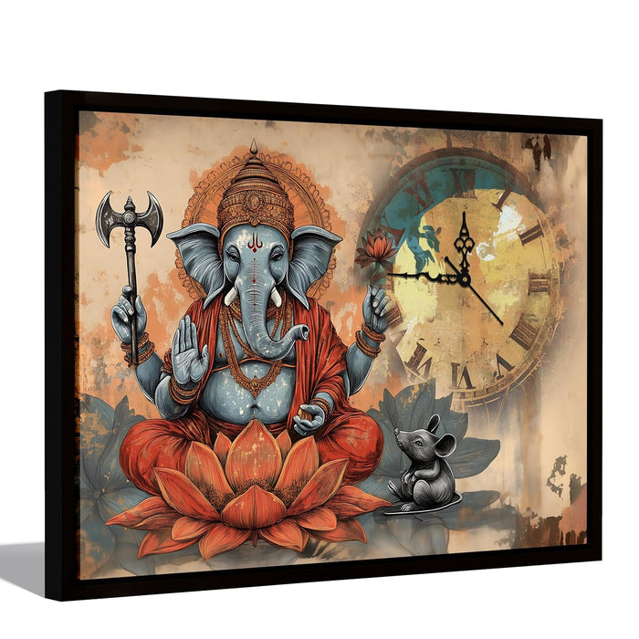 Hindu Religious Portrait Abstract Divine Multicolor Framed Canvas wall art With Clock | Painting with clock. 43x58 cm