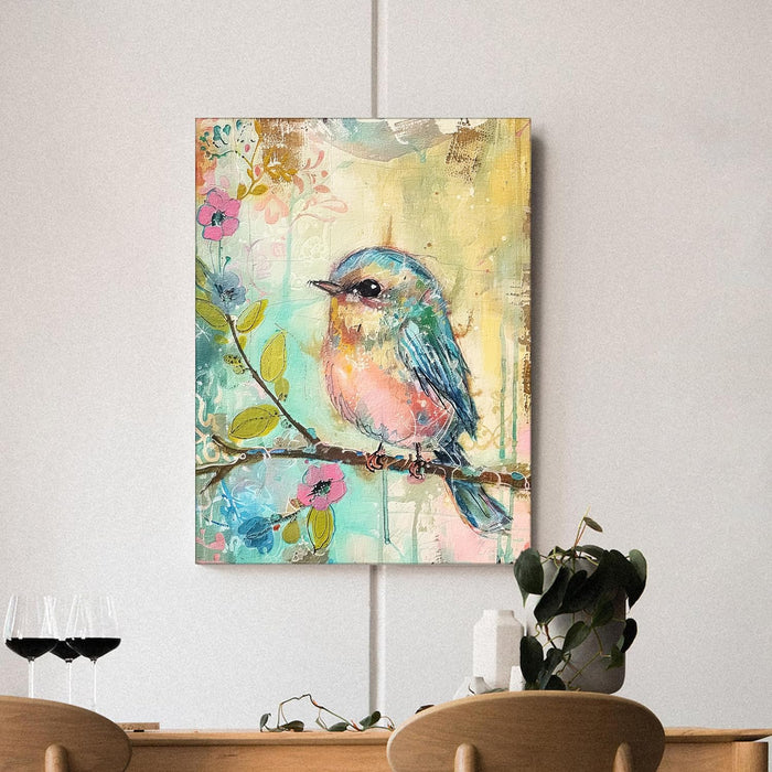 Soft Pastel Art of Bird and Flower in Blue, Pink, and Yellow | Digital Painting On Canvas Stretched on Wood (16x22 Inch)