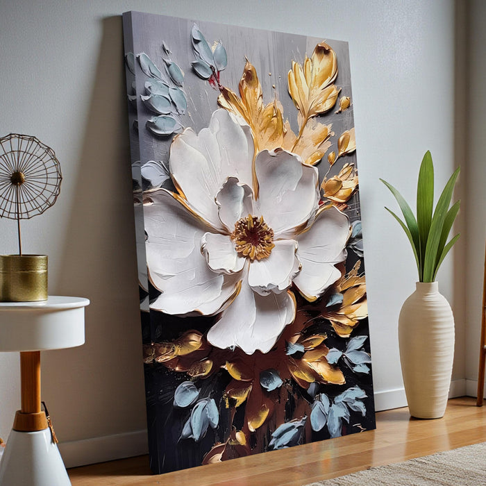 Stretched Canvas Abstract White Flower Canvas Painting 3D Textured Gold Floral Painting Abstract Paintings for Bedroom Office Wall Décor Hand Painted Art 61x91 cm